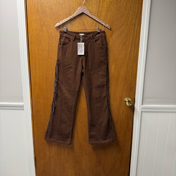 NEW Oyrosy Vintage Western Fringe Flared Jeans Brown Small - Picture 13 of 13